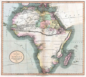 A map of Africa, made by John Cary in 1805 showing the mountains of Kong extending eastwards to the Moon mountains. Source: Wikipedia