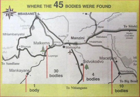A map of where the bodies were found, printed in a Swazi newspaper.
