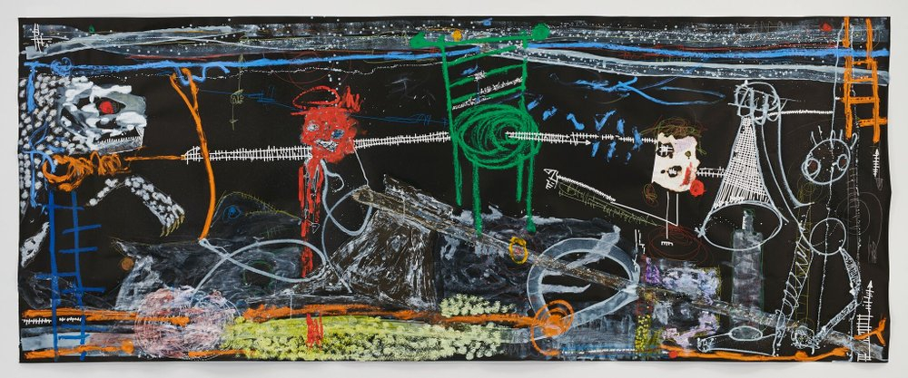 Image: 'You can divide the apple but not the word', 2018, Mixed media on paper 151.5 x 382.5cm. Image ©Thierry Oussou. Courtesy of Stevenson, Cape Town and Johannesburg