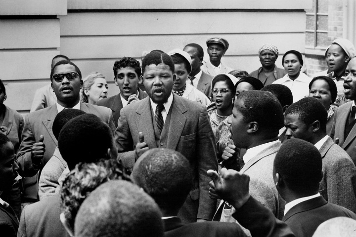 Mandela addressing crowds at The Rivonia Trial 1964. By Peter Magubane