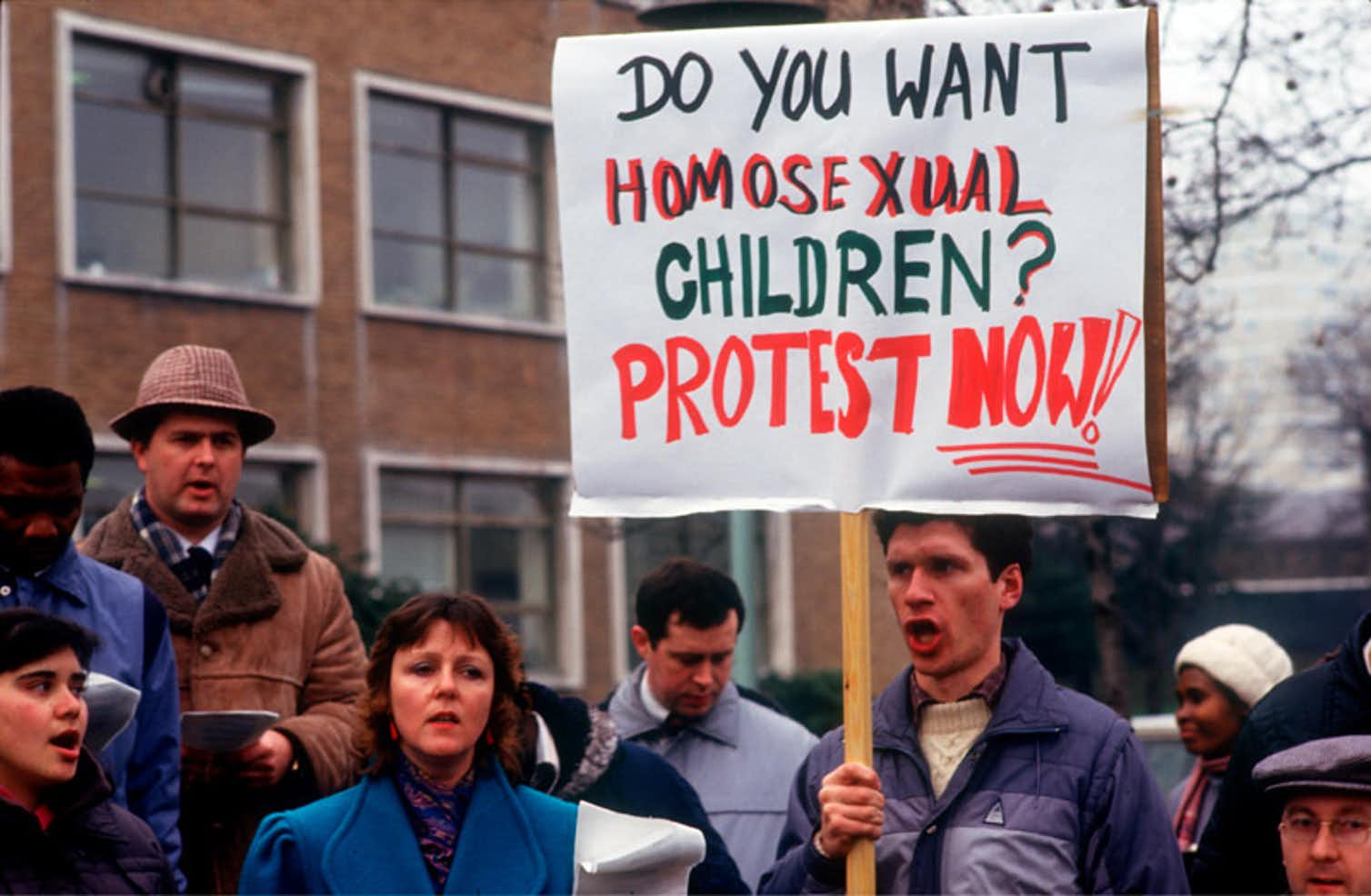 The Christian right has always protested against inclusive sex education - such as in this 1987 image from the UK - but opposition has grown with the US pro-family movement. Image: David Hoffman/FLICKR 
